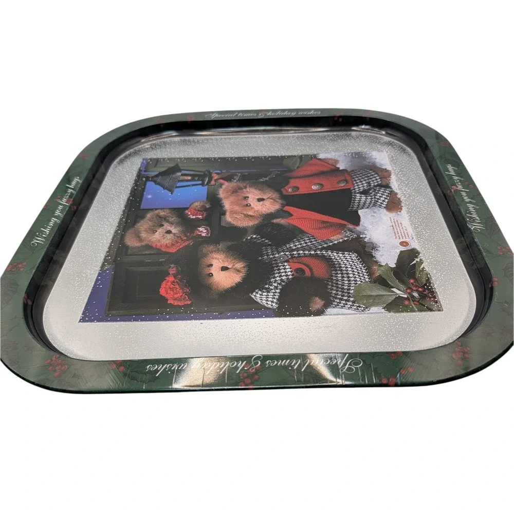 Boyds Bears Christmas Serving Tray Metal Wishing You‎ Fuzzy Hugs Vintage 90s SEE